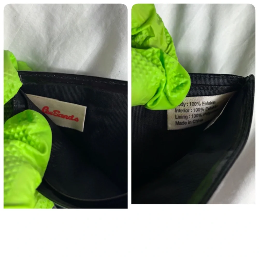 Vintage Lee Sands Eel skin black shiny leather bifold unisex wallet.